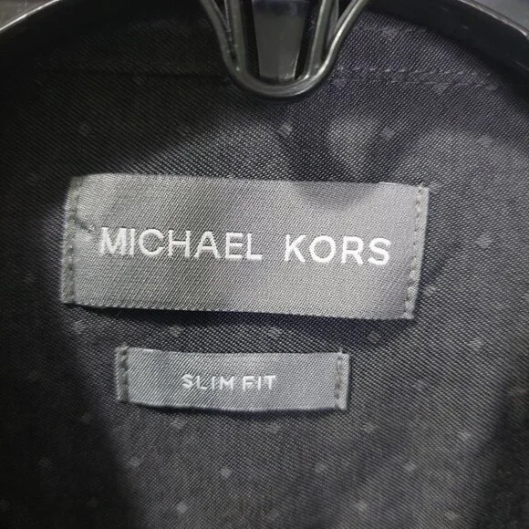 Michael Kors Mens Slim Fit Dress Shirt Size L 16 34/35 Drk Gray With Subtle Dots - Picture 3 of 9